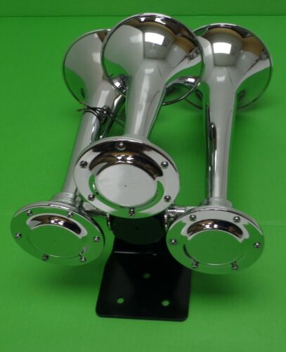 Air Train Horn 3 Trumpet Chrome with Support Bracket Peterbilt Kenworth Mack FL - Picture 4 of 10