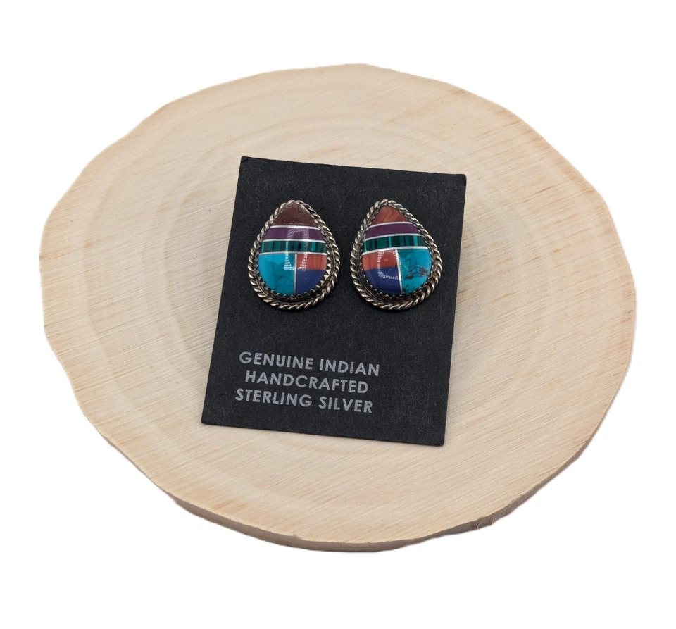 Brincos Navajo com incrustação de lágrima de várias pedras feitos à mão joias nativas americanas - Imagem 2 de 4