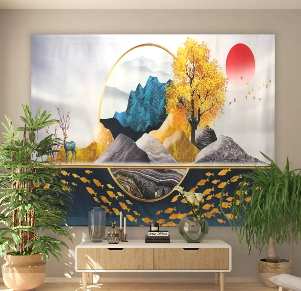 Bedroom Backdrop Sun Mountain Scene Wall Art Decor Abstract Scenic Tapestry