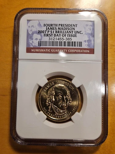 2007-P NGC Brilliant UNC First Day Issue James Madison Presidential Dollar $1