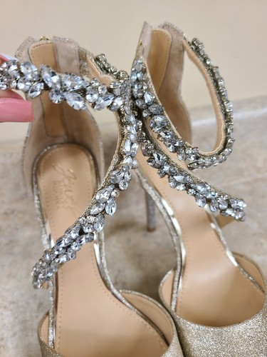 Jewel Badgley Mischka Javier Ankle Strap Heels Gold Glitter Sz 6.5 New in Box - Picture 7 of 15