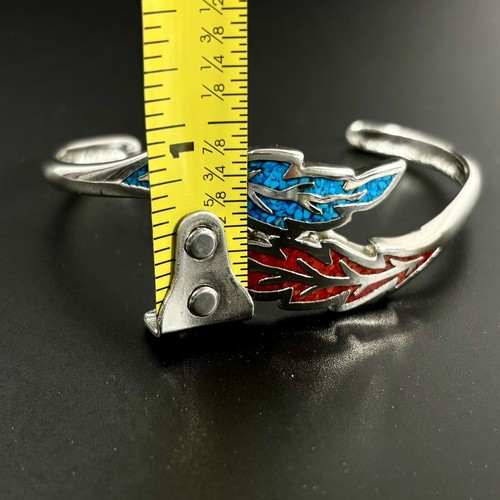 Silver Tone Red & Blue Crushed Coral/Turquoise Inlaid Southwest Style Bracelet - Picture 9 of 11