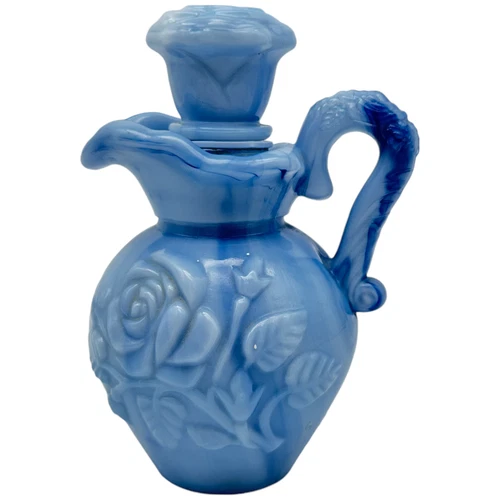 Marbled Blue Milk Glass Soap Pitcher Decanter W/ Lid Rose Embossed Vintage Avon