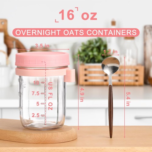 16oz Glass Mason Overnight Oats Jars Cereal Yogurt Salad Lunch Containers - Picture 2 of 7