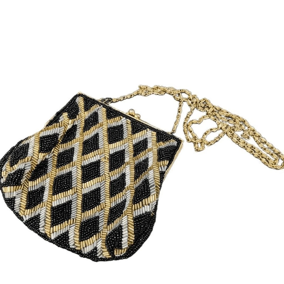 Винтажная сумочка с бисером Kisslock | черный, золотой и серебряный геометрический дизайн | La Regal