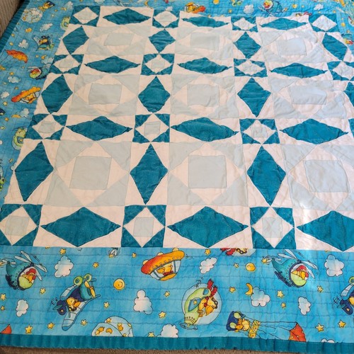 Vtg Handmade Quilt Space Ship Helicopter Airplane Patch Work Lovey 26x26 Inches - Picture 5 of 7