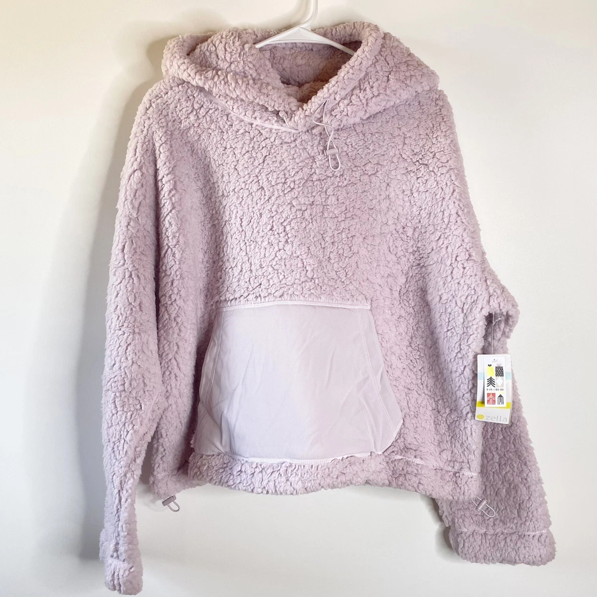 Zella Womens Cassie Faux Shearling Hoodie Sz L Lilac Teddy Sherpa Pullover Cozy