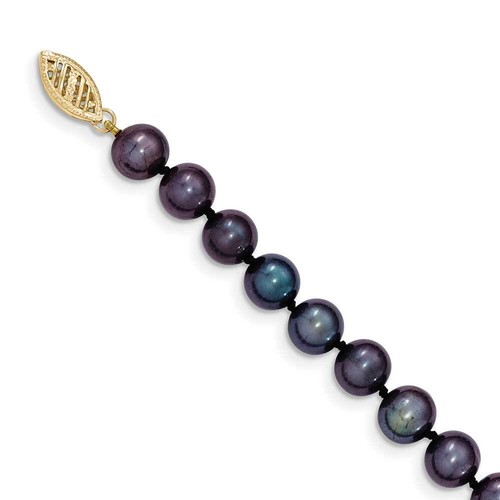 14k Yellow Gold 7-8mm Black Near Round Freshwater Cultured Pearl Necklace 24" - Picture 2 of 3