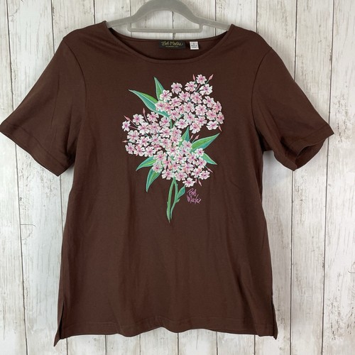 Bob Mackie Wearable Art Damen T-Shirt Gr. S braun mit bestickten Blumen