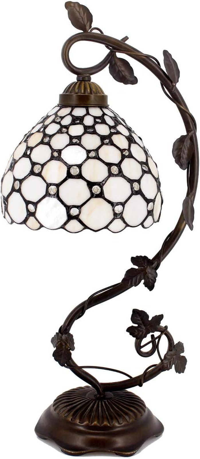 Tiffany Table Lamp Cream Stained Glass Pearl Style Desk Light with Metal Leaf Ba