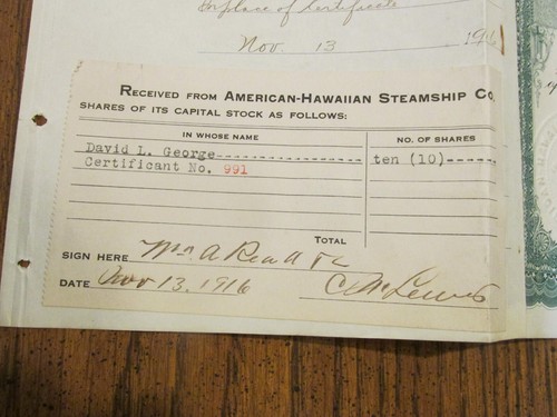 1916 AMERICAN HAWAIIAN STEAMSHIP COMPANY stock certificate CANCELLED lot T - Picture 11 of 19