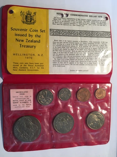 New Zealand Neuseeland Coinset 1970 1 Dollar 1 Cent Mount Cook Kiwi Kowhai Maori