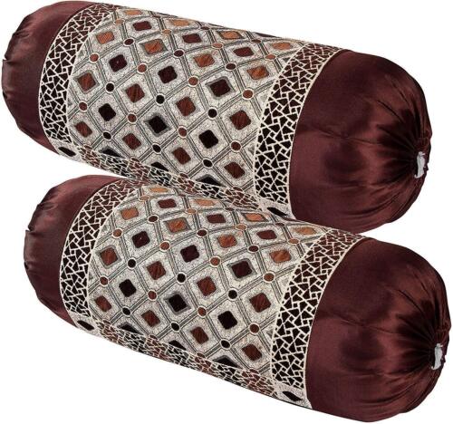 Decorative Chenille Bolster Pillow Cover Color Brown Set Of 2 Size 32X16 Inches - Picture 3 of 5