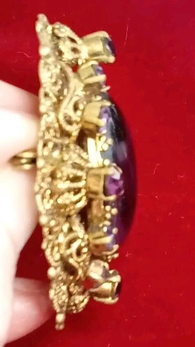 West German Purple Glass Prong Set Huge Raised Surround Vintage Brooch - Picture 9 of 11