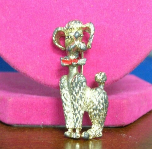 Poodle sitting silver tone with red enamel bow tie pin or pendant 1 1/2" tall - Picture 3 of 5