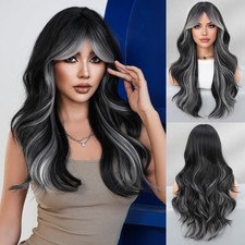Long Wavy Dark Gray Wig with Curtain Bangs  Side Part for Women 26 Inch Ombr...