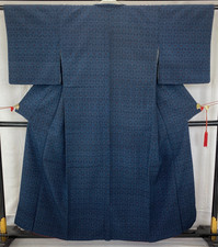 Japanese Vintage Kimono Silk Navy Tumugi Traditional Authentic Length 61 in