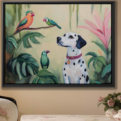 Dalmatian Dog Canvas Wall Art Tropical Birds Jungle Scene Oil