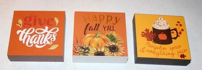 3-PC Give Thanks Fall Pumpkin Spice Autumn Harvest Block Plaques 4''x4''