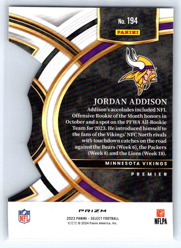 2023 Panini Select #194 Jordan Addison Silver Prizms Die Cuts - Picture 2 of 2