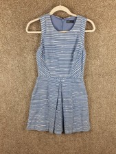 Gap Linen Blend Dress Womens 4 Blue White Stripe Front Pleat Pockets Sleeveless