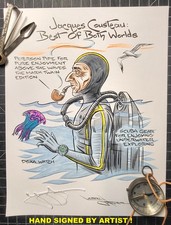 NEW! Jacques Cousteau With His Peterson Mark Twain Pipe & Scuba Gear Signed Art