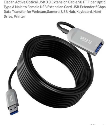 Elecan Active Optical USB 3.0 Ext Cable 25’ FT Fiber Type A Male to Female New - Picture 1 of 6
