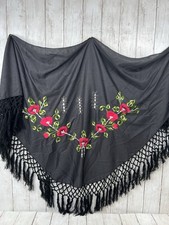 Vintage Spanish Flamenco Shawl Black w Red Roses Large Size Triangular 70x35