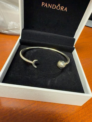 PANDORA Silver Open Cuff Bangle Bracelet w/ Round White CZ Bezel Stone