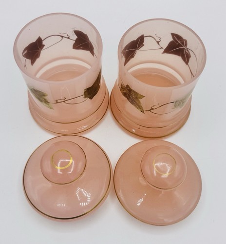 Pair Vtg Irice Pink Opaline Glass Lidded Jar Gold Gilt Trim Apothecary WGermany - 第 5/8 張圖片