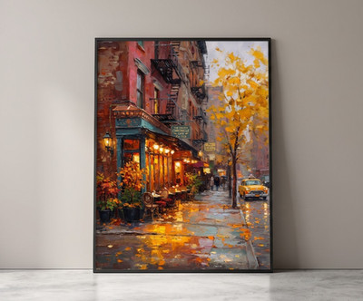 Cityscape Poster, Autumn Cafe Wall Art, NYC Street Decor Print, Home Art