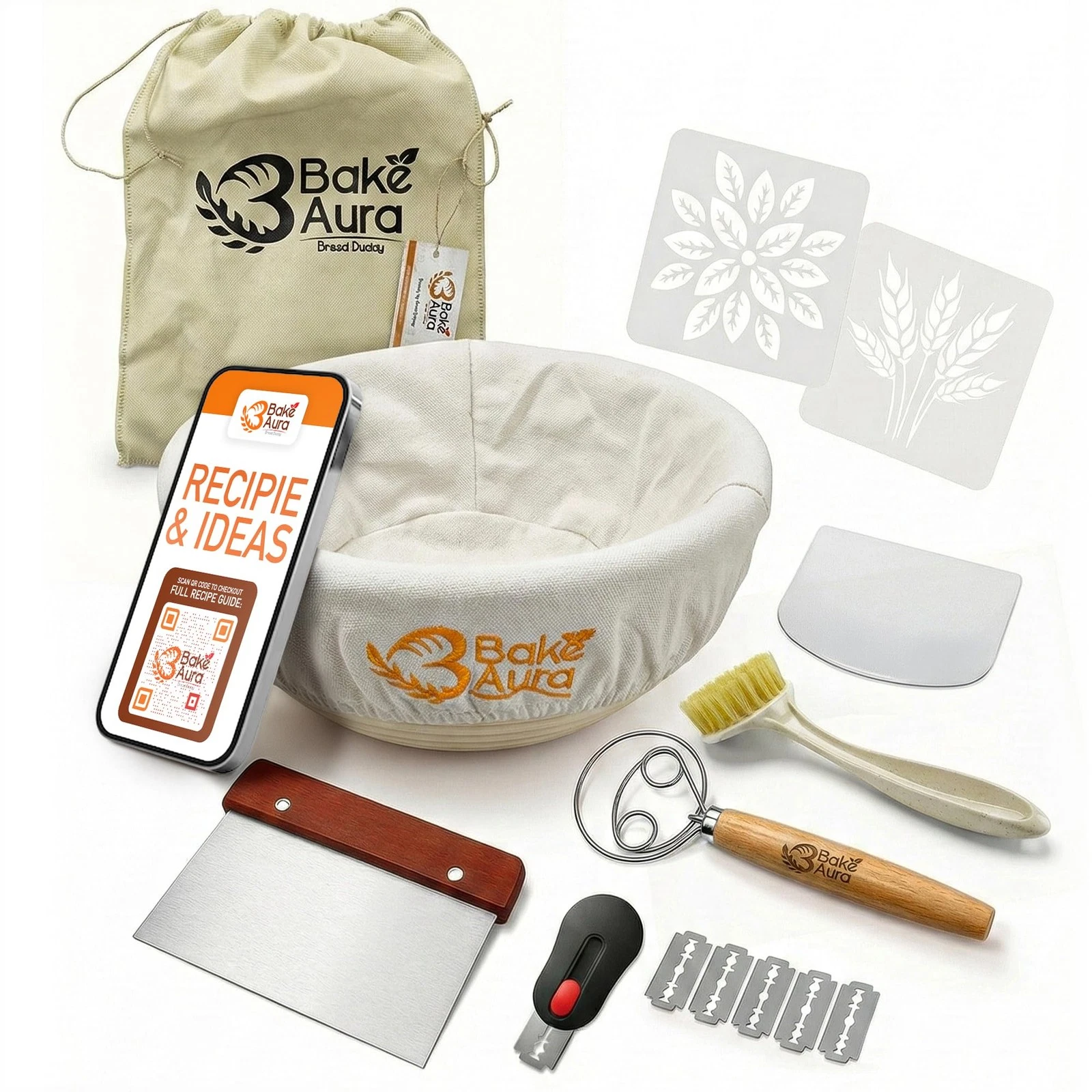 Bake Aura Bread Maker Sourdough Starter Kit with 9In Large Rattan Basket, Dou...