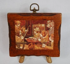 Vtg CM Coolidge His Station & 4 Aces Dogs Playing Poker Wood Plaque Wall Hanging