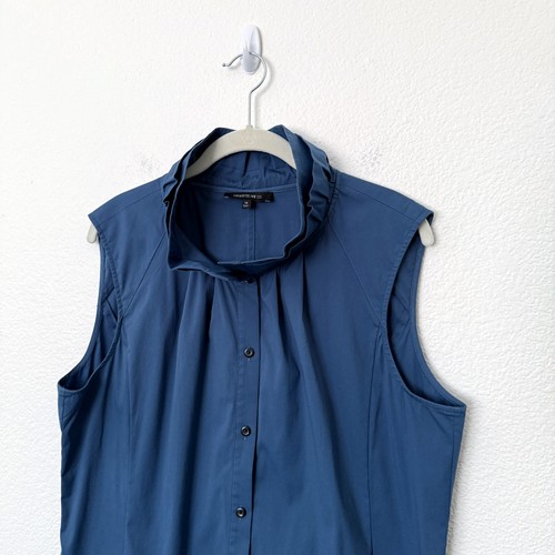 Blusa de trabajo Lafayette 148 talla 14 azul con cuello con volantes sin mangas con botones - Imagen 3 de 12