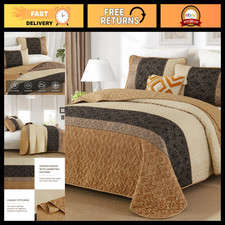 Queen Size Fall Quilt Set 3 Pieces, Brown Striped Boho Plaid Bedding, Soft Micro