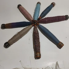 Antique/Vintage  Lot of 8 Wooden Loom Shuttles/Spindle Bobbins w/ Thread 7.25"