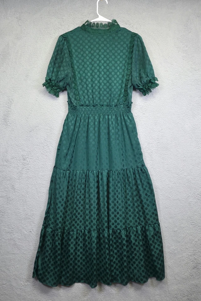 Max Studio Maxi Dress Women M Green Polka Dot Floral Lace Tiered Prairie Elegant - Image 3 of 4