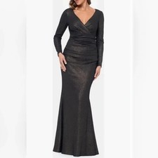 Xscape Black Gold  Ruched Foil-Knit Long-Sleeve Gown Size 14 $268