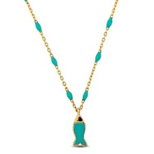 Amour 14K Yellow Gold Green Enamel Fish Station Necklace