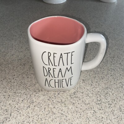Rae Dunn CREATE DREAM ACHIEVE Inspirational Mug Coffee Tea Pink Interior