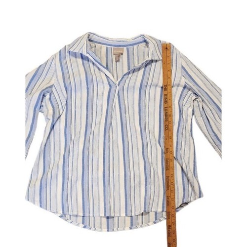 Chico's Women's Size M Blue Striped Silver Metallic Gauzy Popover Buttons Shirt - Picture 5 of 8
