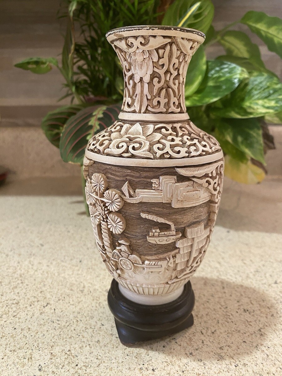 Vintage Chinese Fine Hand Carved Lacquer Brass Insert Vase On Wood