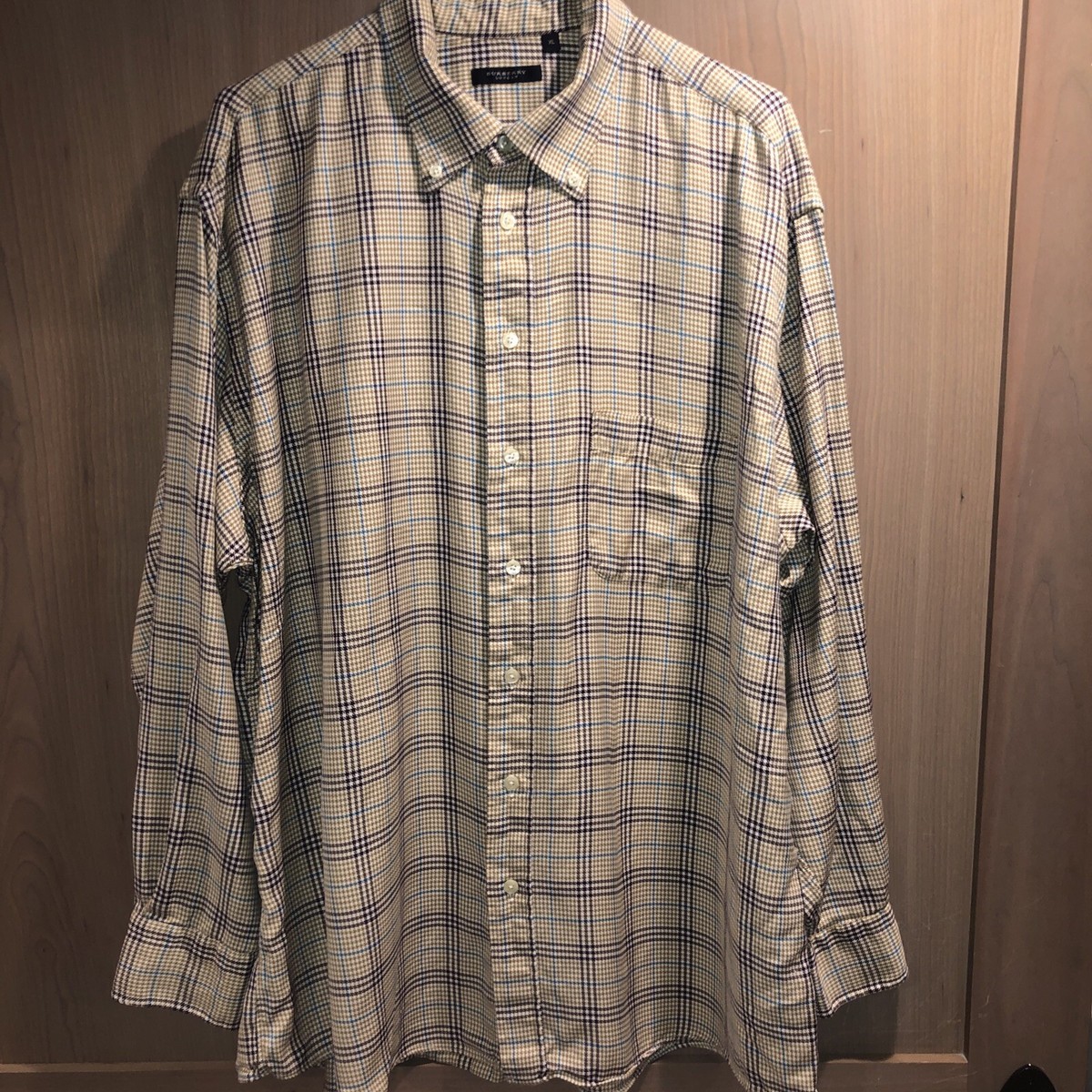 Burberry London Mens Tan Black Plaid Long Sleeve Button-Up