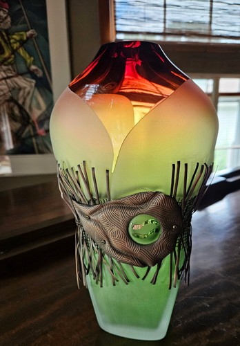 2010 Jim & Connie GRANT Copper Wrapped VASE Lime Green Amber Celestial Art Glass - Picture 16 of 16
