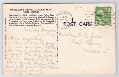 1940er Mission San Jose de Tumacori Denkmal Vintage Nogales Arizona AZ Postkarte - Bild 2 von 2