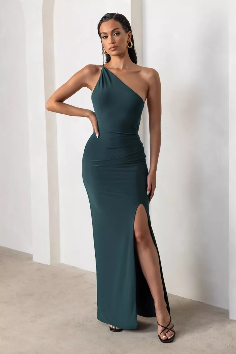 BNWT Club L London Bottle Green One Shoulder Maxi Dress with Open