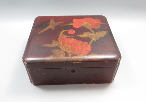 Caja japonesa lacada vintage - roja/borgoña - pájaro y flores 17x19,5 cm - Imagen 2 de 13
