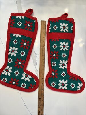 Vintage Knitted Christmas Stockings Set Of Two Red Green Floral 16  Lot 2