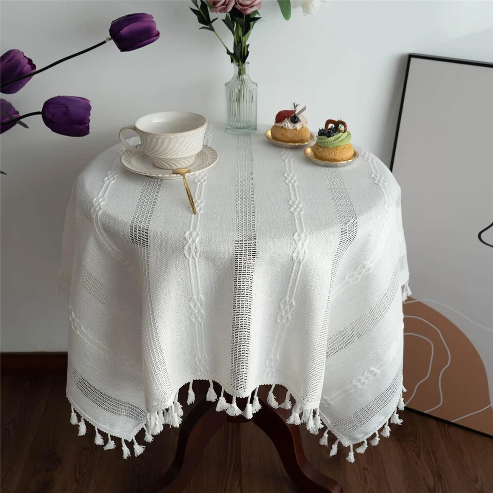 Rustic Stripe Embroidered Tablecloth Dining Kitchen Table Cloth Cover Wedding - Image 4 of 4