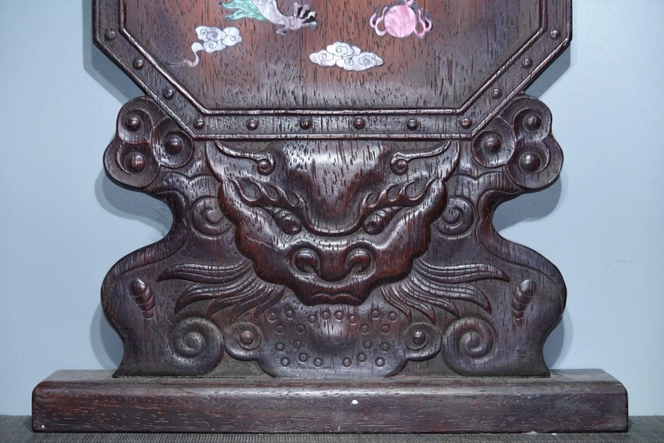 Old Tibetan rosewood inlaid colorful seashell screen - Image 3 of 4